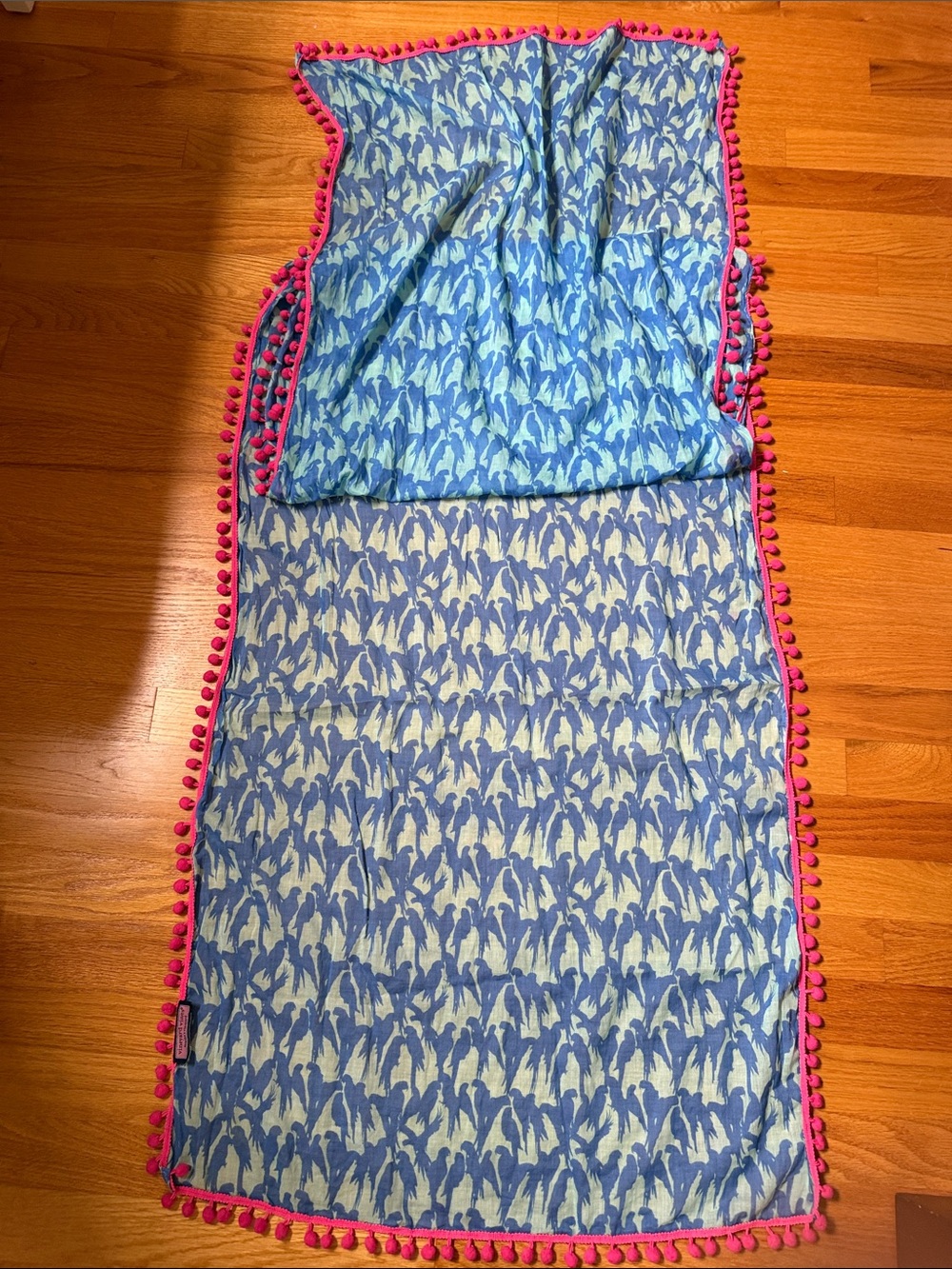 Vineyard Vines Blue and Pink Whale Print Scarf with Pink Pom Trim